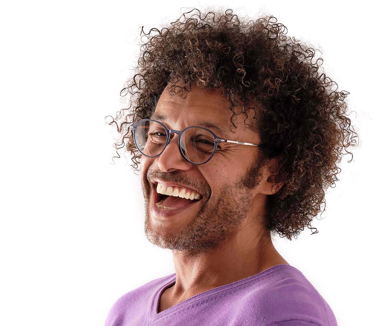 Male Model wearing Halifax (Blue) retro unisex reading glasses with light blue frames and metal arms.