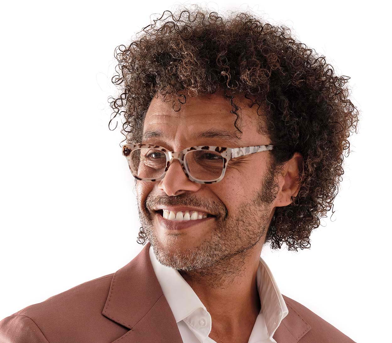 Male model wearing Ziggy (Grey Tortoise) classic retro reading glasses with chunky grey tortoiseshell frame and rivet details.