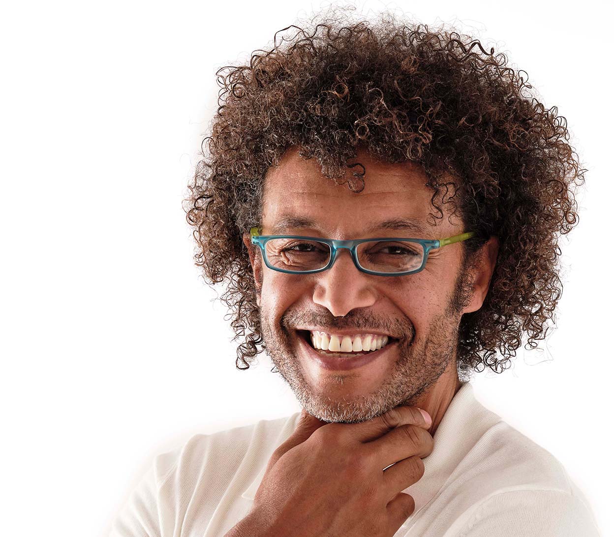 Male model wearing Jam (Blue) slender, rectangular unisex reading glasses with extra long arms to hang around your neck when not in use.