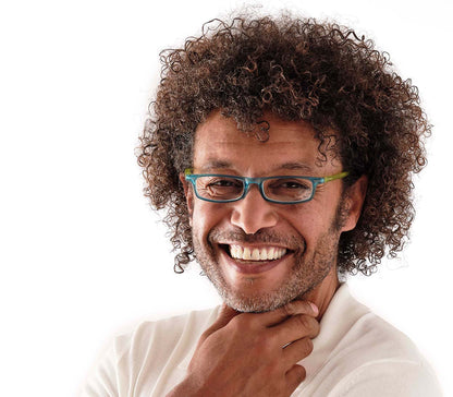 Male model wearing Jam (Blue) slender, rectangular unisex reading glasses with extra long arms to hang around your neck when not in use.