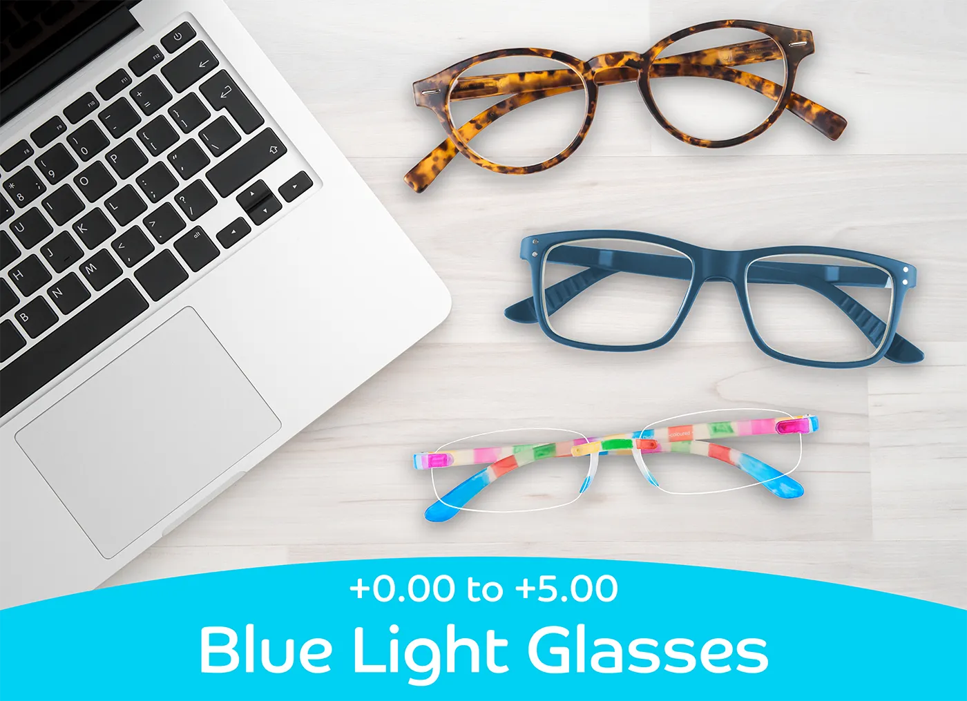 Blue light reading glasses range, available in strengths from +0.00 up to +5.00. Filter blue light from screens and reduce eye strain.