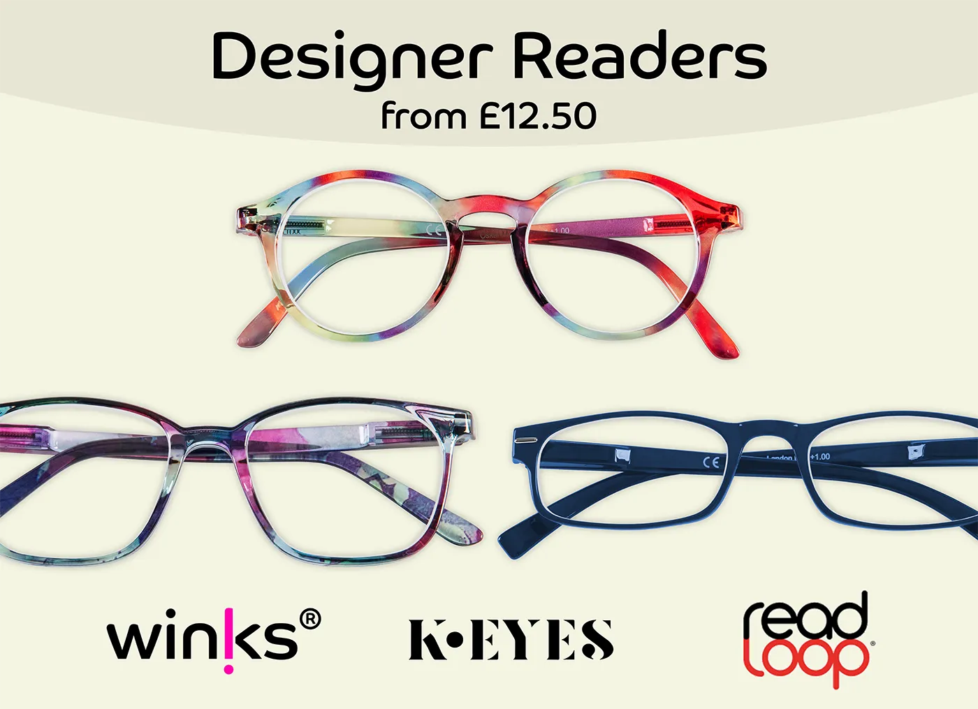 Designer reading glasses from popular brands including Winks, K-Eyes and Read Loop, starting from only £12.50.